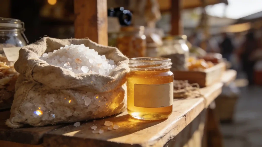 Primo piano su un vasetto di miele artigianale e un sacchetto di sale marino non raffinato su una bancarella in legno rustico.
