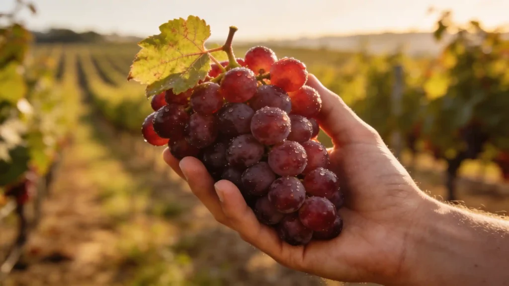 Nahaufnahme einer Hand, die eine frisch gepflückte rote Traube in einem sonnigen Weinberg hält.