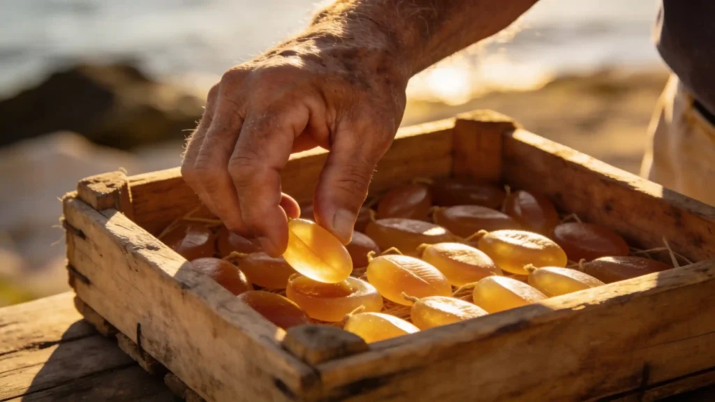 Die faltige Hand eines Fischers, die goldene Bottarga behutsam in eine rustikale Holzkiste legt.