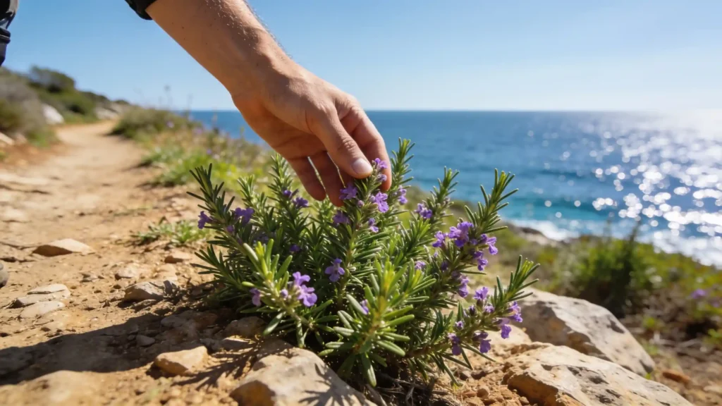 Hand of a hiker touching flowering wild rosemary on a sunny trail with the sea in the background.