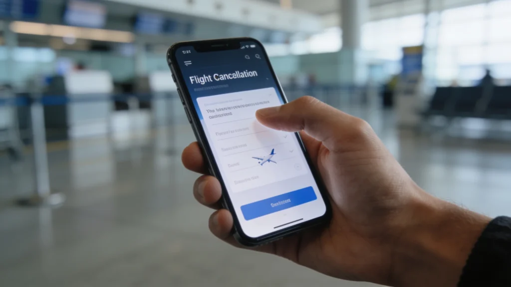 Hand hält ein Smartphone mit einer Benachrichtigung über eine Flugannullierung auf einem Flughafen, weiches Licht.