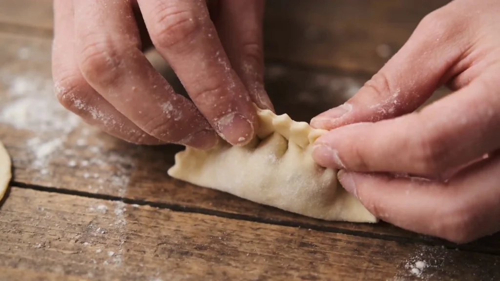 Nahaufnahme von bemehlten Händen, die sorgfältig die Ränder eines Tortello verschließen und Luftblasen auf einem rustikalen Holztisch vertreiben.