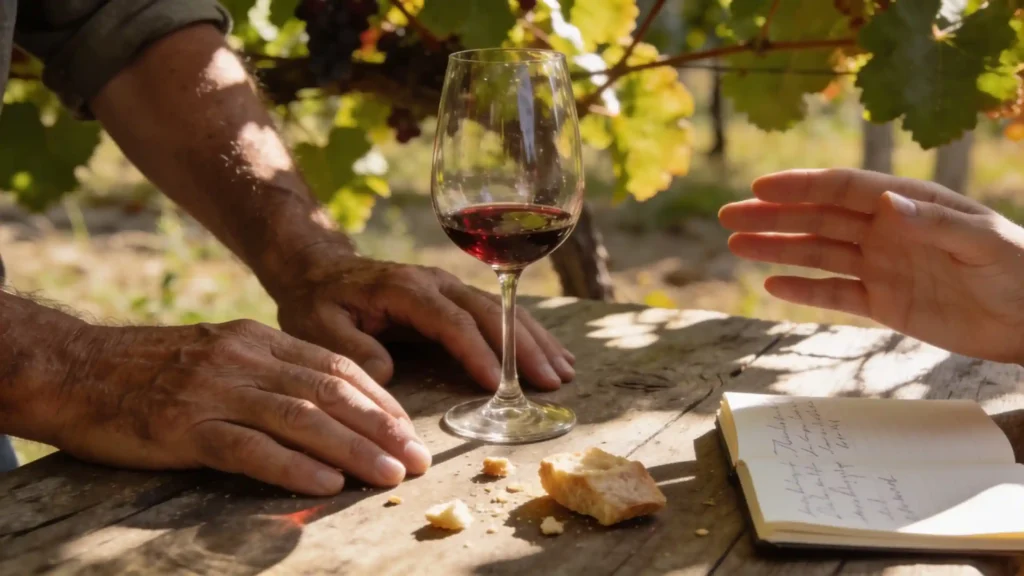Hände eines Winzers und eines Besuchers, die sich an einem Holztisch mit einem Glas Wein und Brot unter den Reben unterhalten.