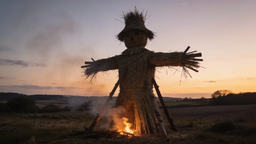 Um grande boneco de palha e juncos, o Invernacciu, ergue-se ao crepúsculo, o fogo começando a consumi-lo.