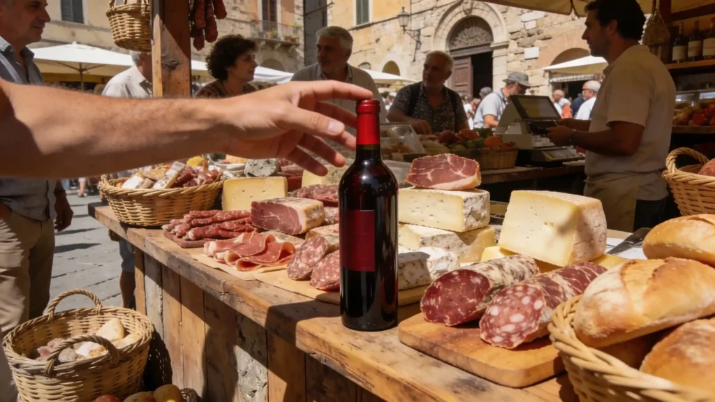 Scena di un vivace mercato toscano: banco di salumi e formaggi, vino rosso, mani di locali in piena discussione.