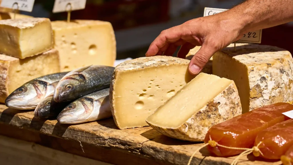 Mano di un acquirente che afferra un pezzo di pecorino su una bancarella di mercato in legno, con della bottarga accanto.