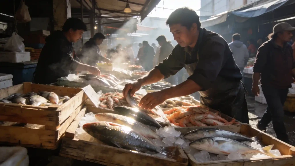 Una bancarella del mercato mattutina traboccante di pesci freschi e frutti di mare, con un venditore attivo e dei clienti.