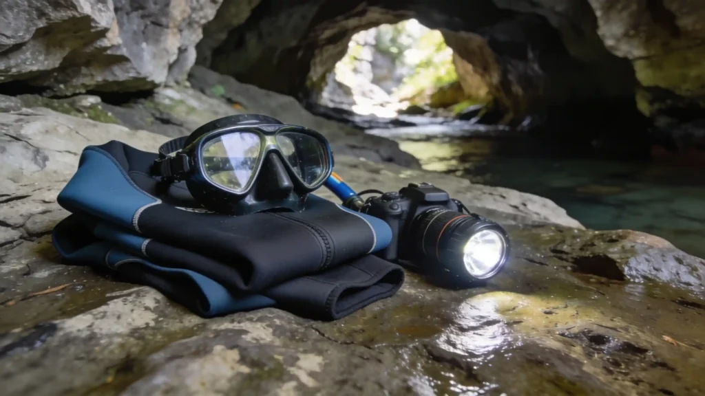 Attrezzatura di speleologia subacquea: tuta, maschera e lampada frontale impermeabile appoggiati su una roccia umida.
