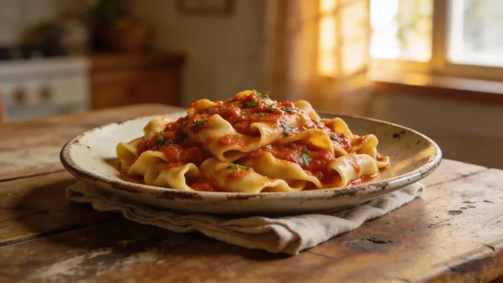 Nahaufnahme eines Tellers mit hausgemachten frischen Nudeln, überzogen mit einer reichen und rustikalen Tomatensauce, goldenes Licht.