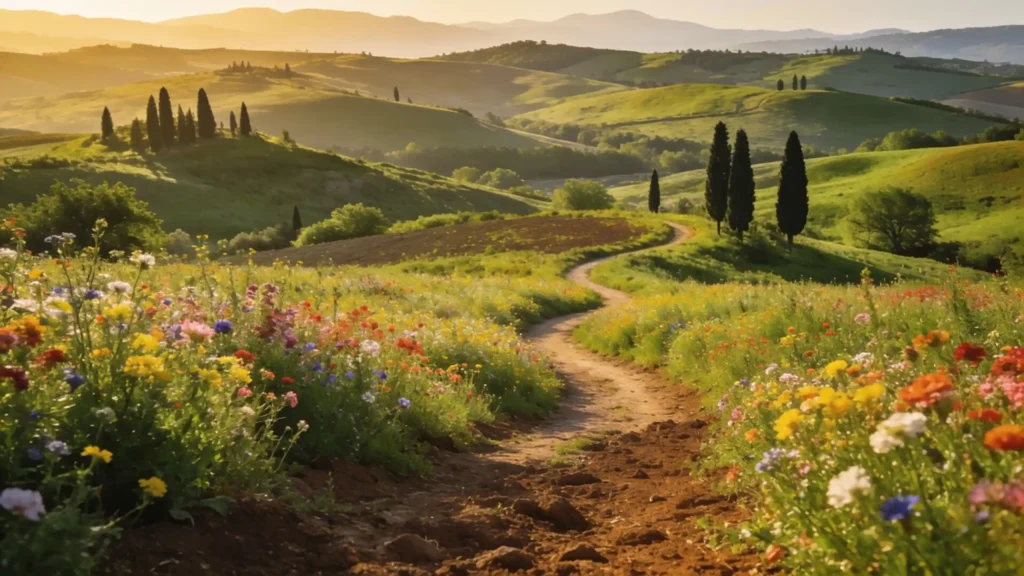Toskanische Frühlingslandschaft am späten Nachmittag, grüne Hügel, Zypressen, Feldweg und Wildblumen.