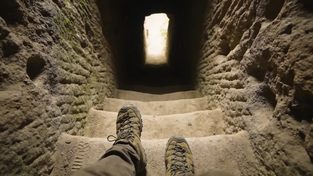 Pés com calçado de caminhada sobre um caminho antigo escavado na rocha vulcânica, descendo na sombra.