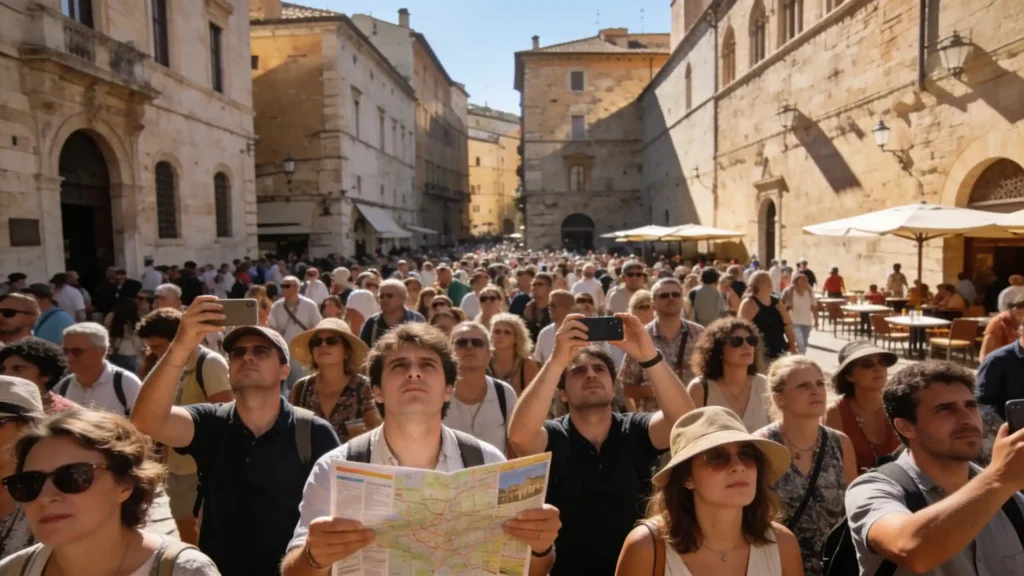 Ein überfüllter italienischer Platz in voller Sonne, sich drängende Touristen, chaotische und überladene Stimmung.