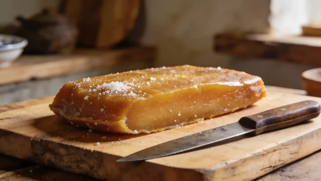 Nahaufnahme einer goldenen Bottarga, auf einem rustikalen Holzbrett liegend, mit einem Küchenmesser.