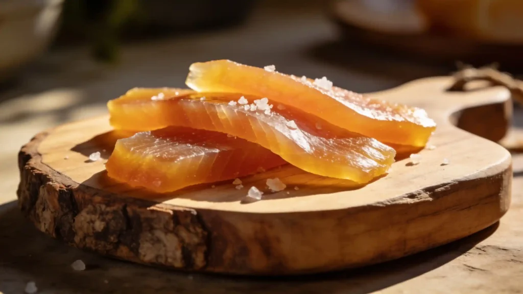 Nahaufnahme von Scheiben goldener Bottarga auf einem rustikalen Holzbrett, mit einigen Körnern Meersalz.