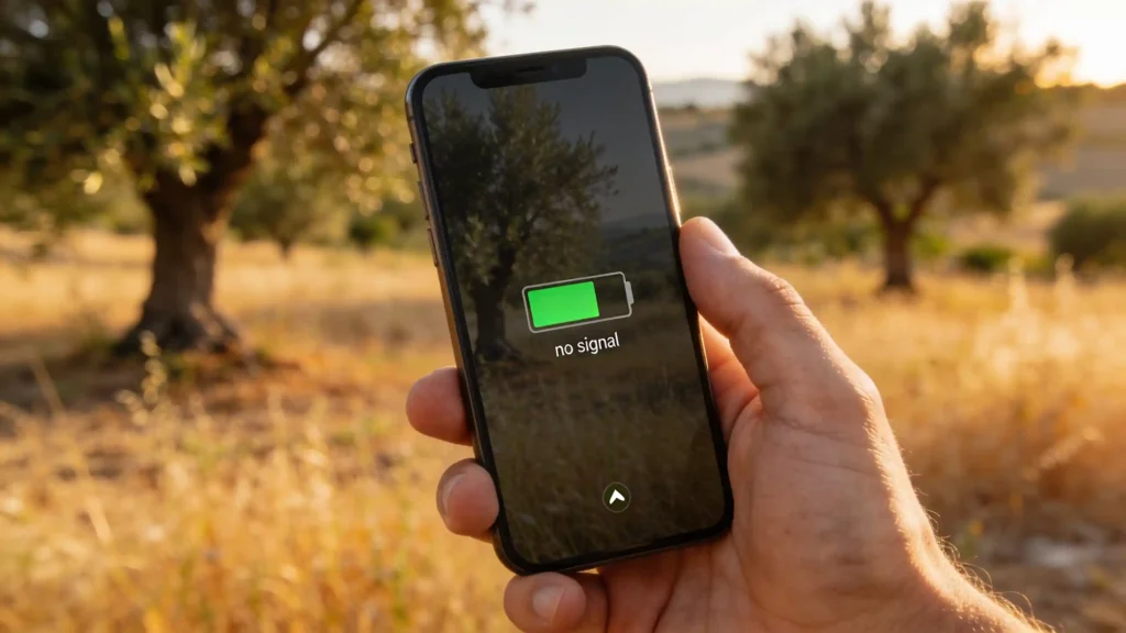 Close-up van een smartphone met lage batterij en geen signaal, vastgehouden in een hand voor een zonnig Maremma-landschap.