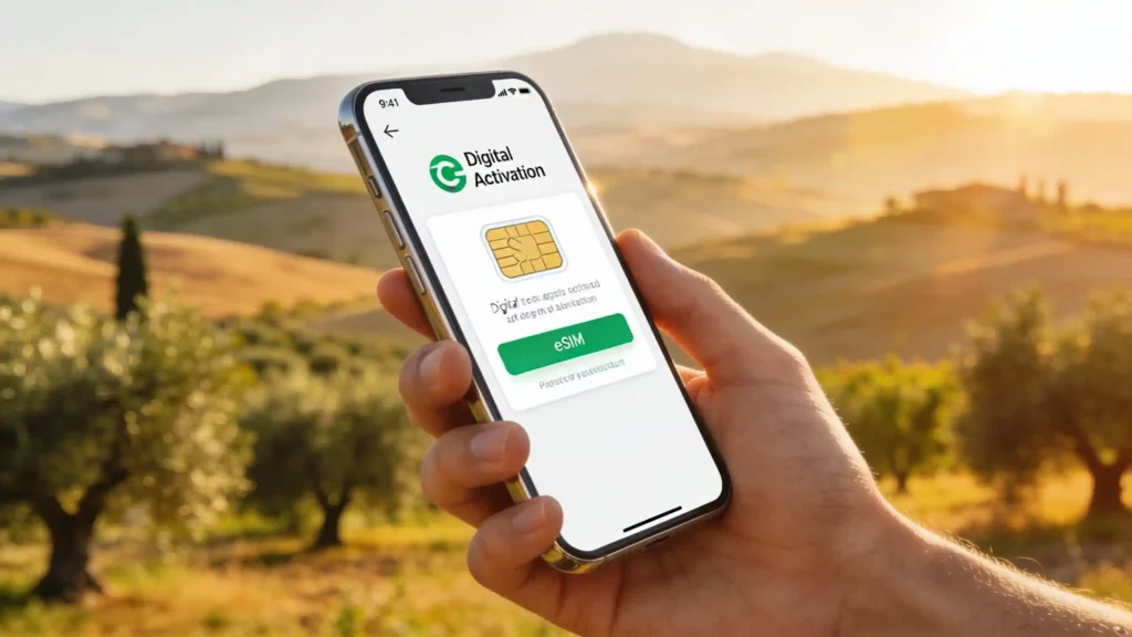 Close-up van een smartphone met de activering van een eSIM, met een wazig Toscaans landschap op de achtergrond.