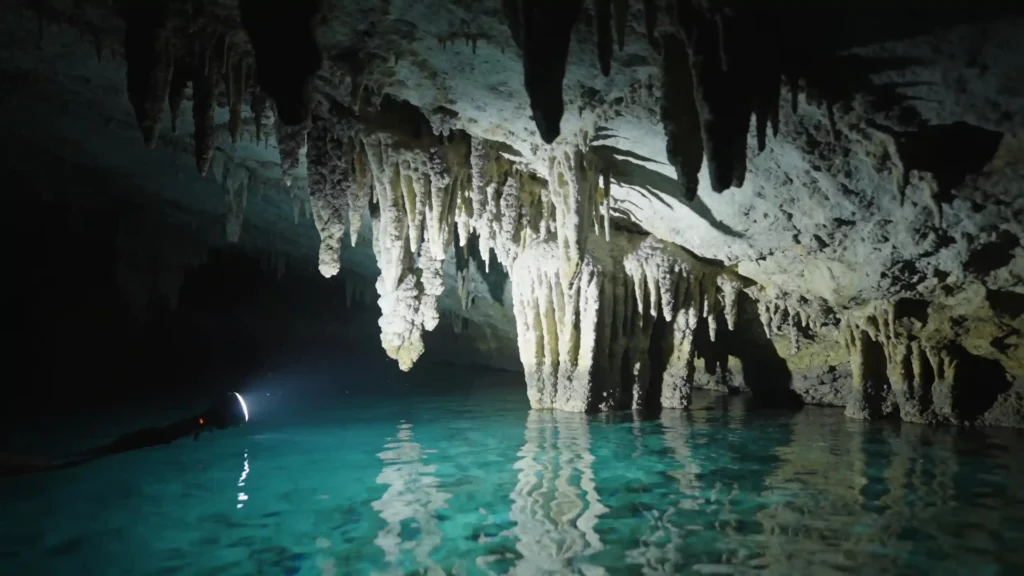 Grotte marine sottomarine con stalattiti e concrezioni calcaree, illuminate da una torcia, riflessi nell'acqua.