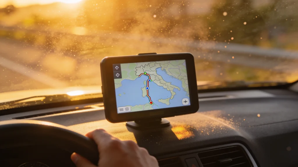 Um painel de instrumentos de carro ao pôr do sol, com um GPS a mostrar um mapa rodoviário italiano. Luz dourada.