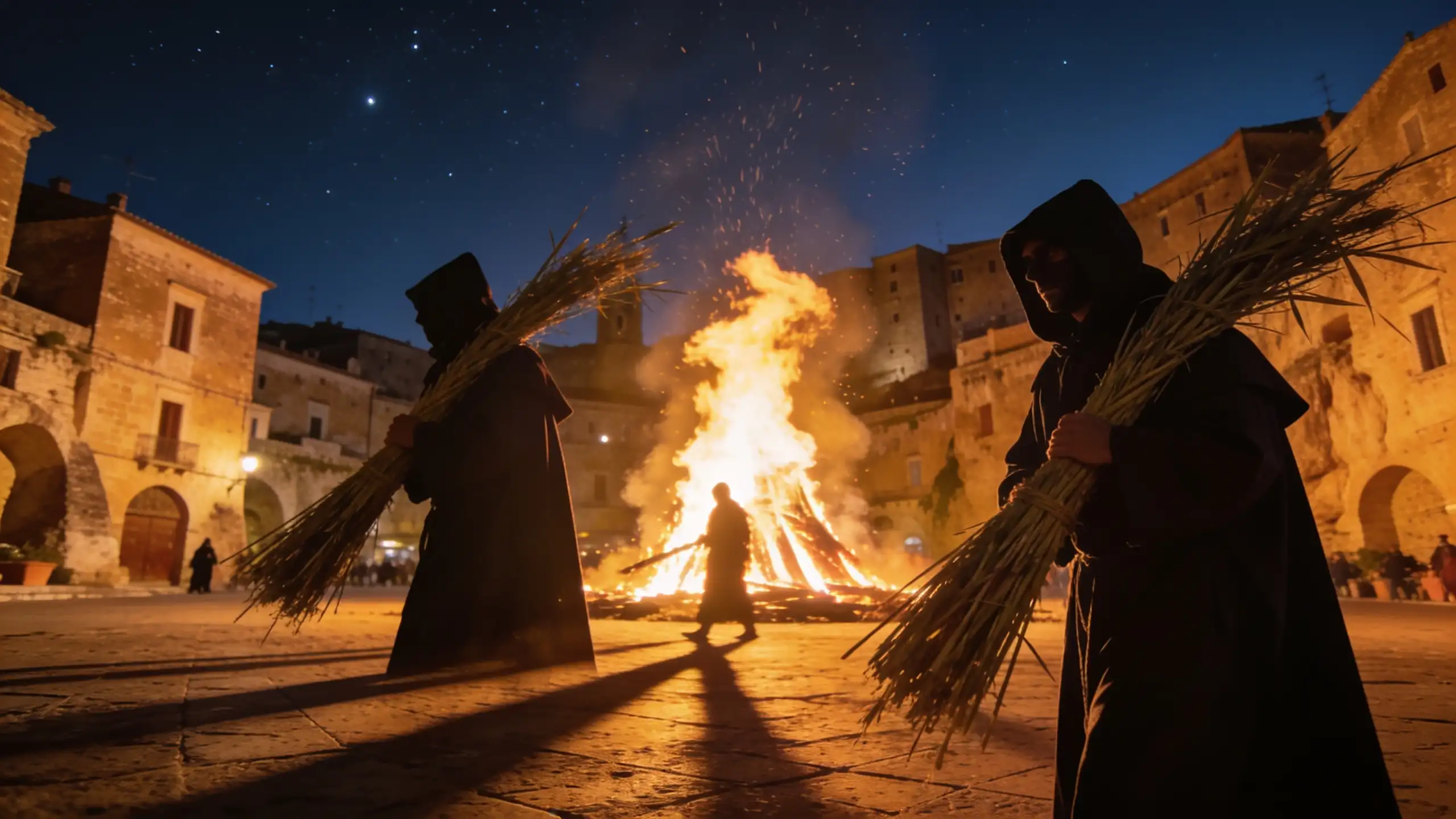 Nocna ceremonia Torciata di San Giuseppe w Pitigliano, wielki ogień, procesja kapturowych niosących wiązki chrustu, mistyczny nastrój.