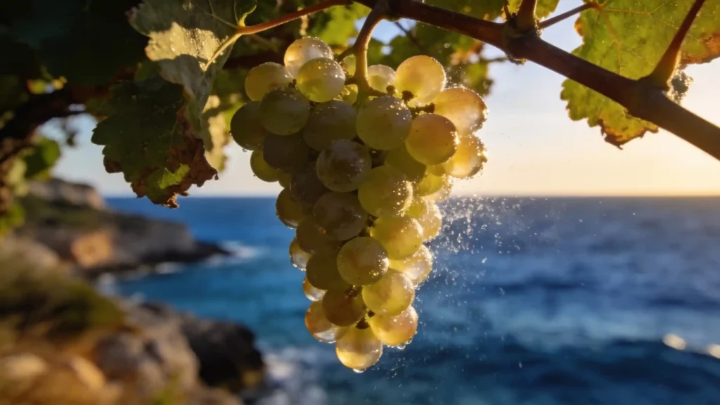 Nahaufnahme reifer Vermentino-Trauben, überzogen von Meeresnebel, mit dem Meer im Hintergrund.