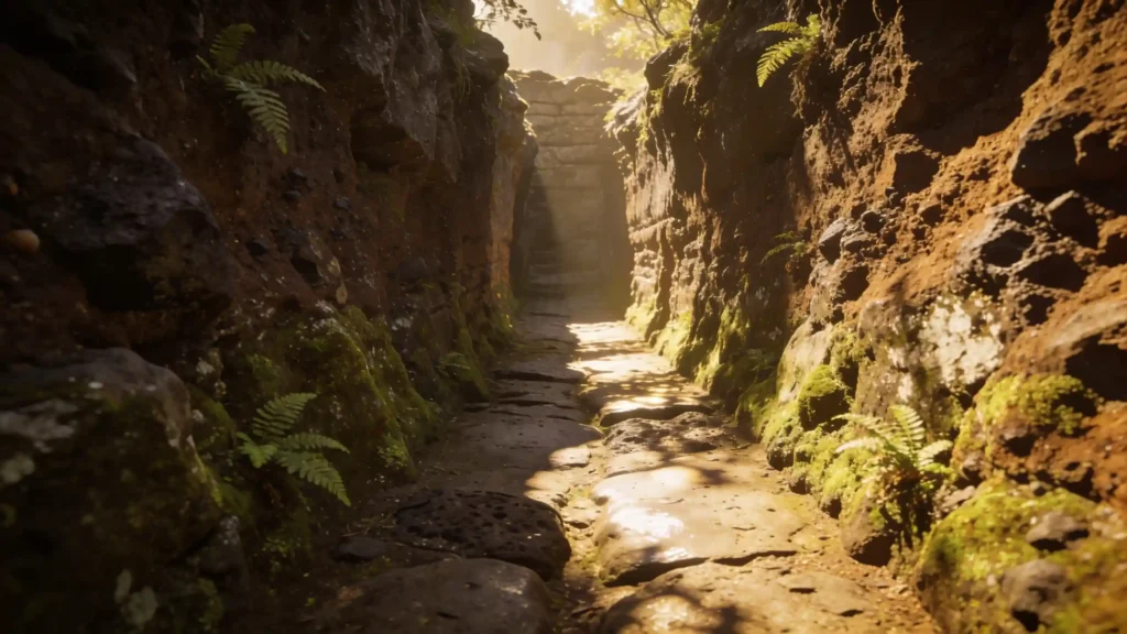 Um caminho escavado na rocha, estreito e profundo, com paredes de pedra cobertas de musgo, banhado de luz suave.