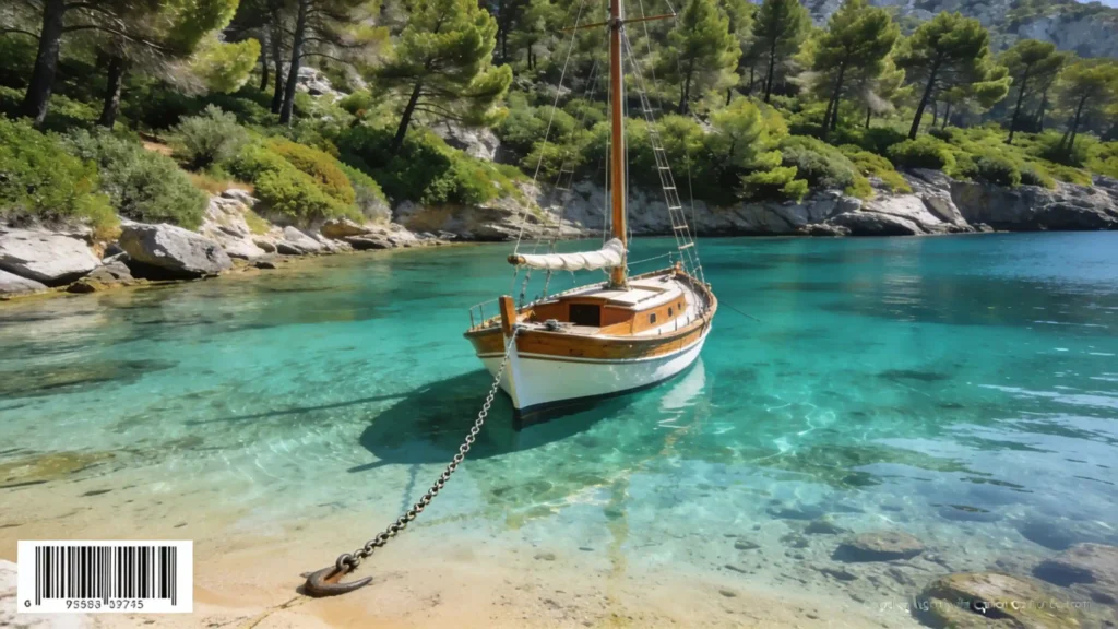 Un petit voilier en bois ancré dans une crique isolée aux eaux turquoise, le fond sableux visible sous le soleil.