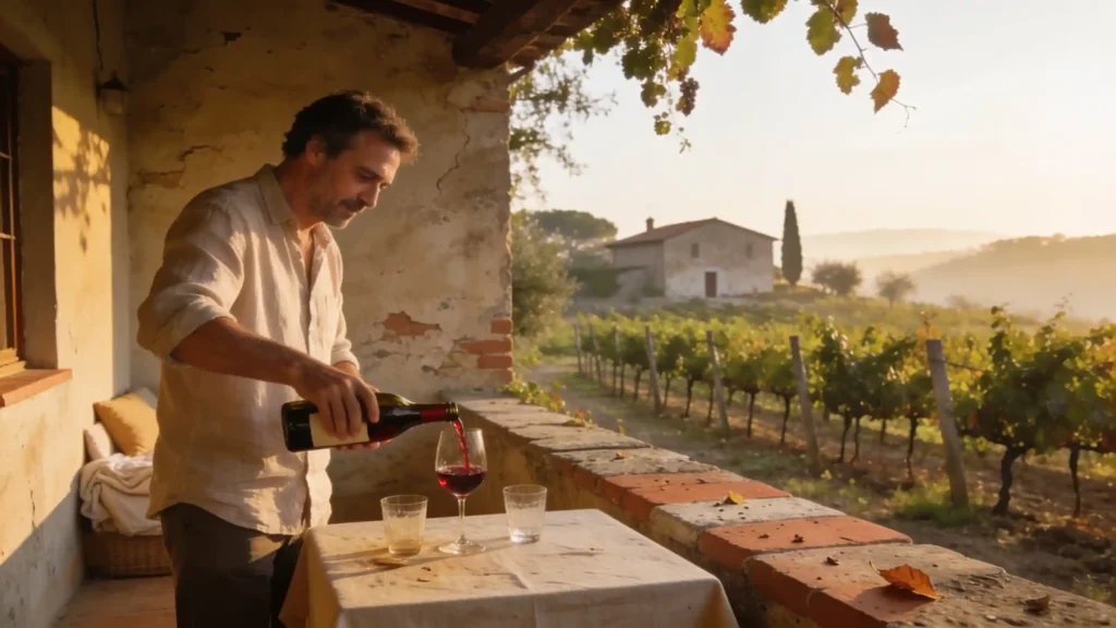 Dégustation matinale sur la terrasse d’un agritourisme entouré de vignes en Maremme