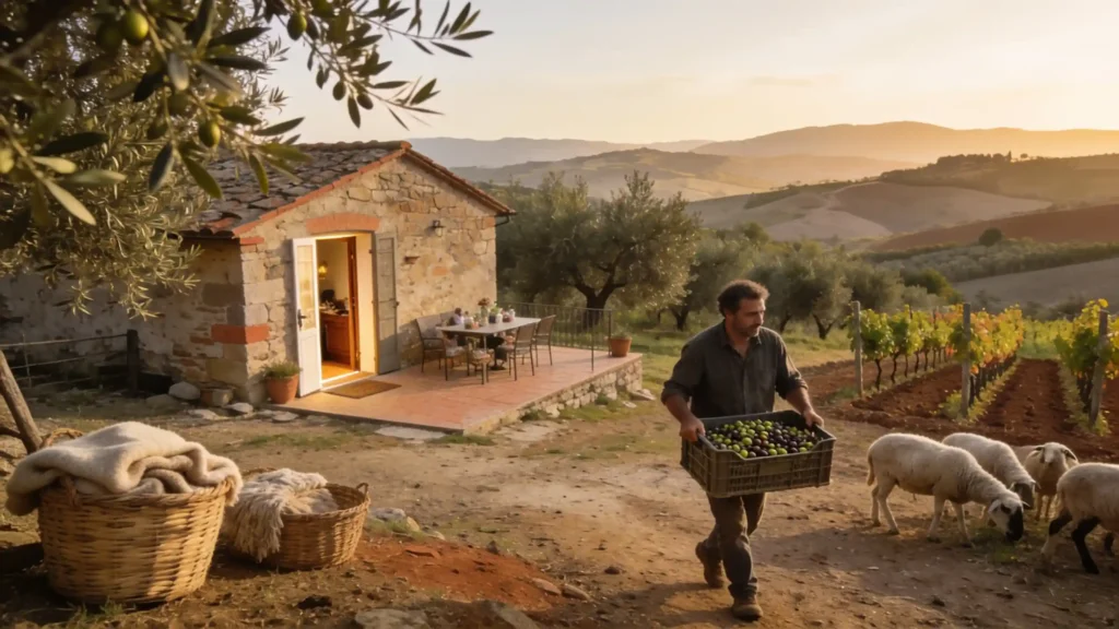 Ferme toscane active avec oliveraie, bergerie et hébergement rural dans une lumière dorée