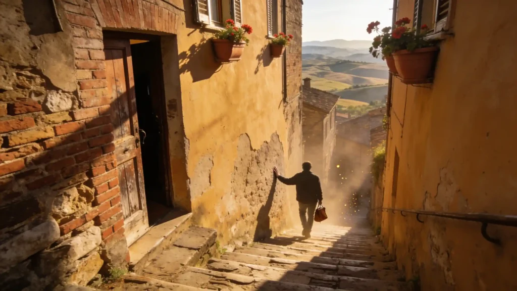 Mittelalterliche Gassen in Hanglage von Montepulciano, in goldenes Licht getaucht, Blick auf die toskanische Landschaft