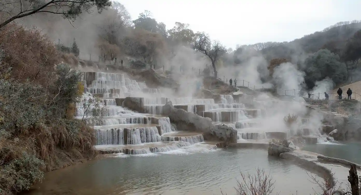 Cascate del Mulino à Saturnia en décembre, bassins de travertin avec eau chaude et vapeur, lumière hivernale