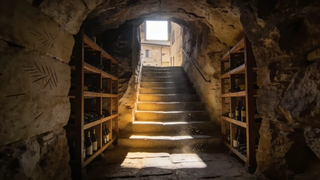 Steintreppe, die von einem sonnigen Platz hinunter zu einem gewölbten Tuffkeller führt, mit Weinflaschen auf Holzregalen.