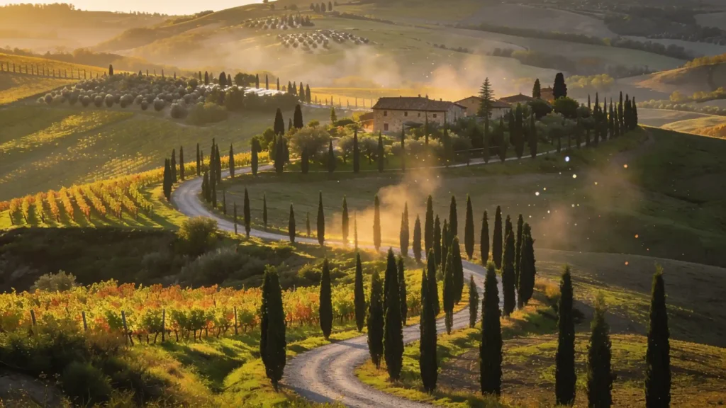 Collines du Chianti au coucher du soleil, route bordée de cyprès et vignes dorées