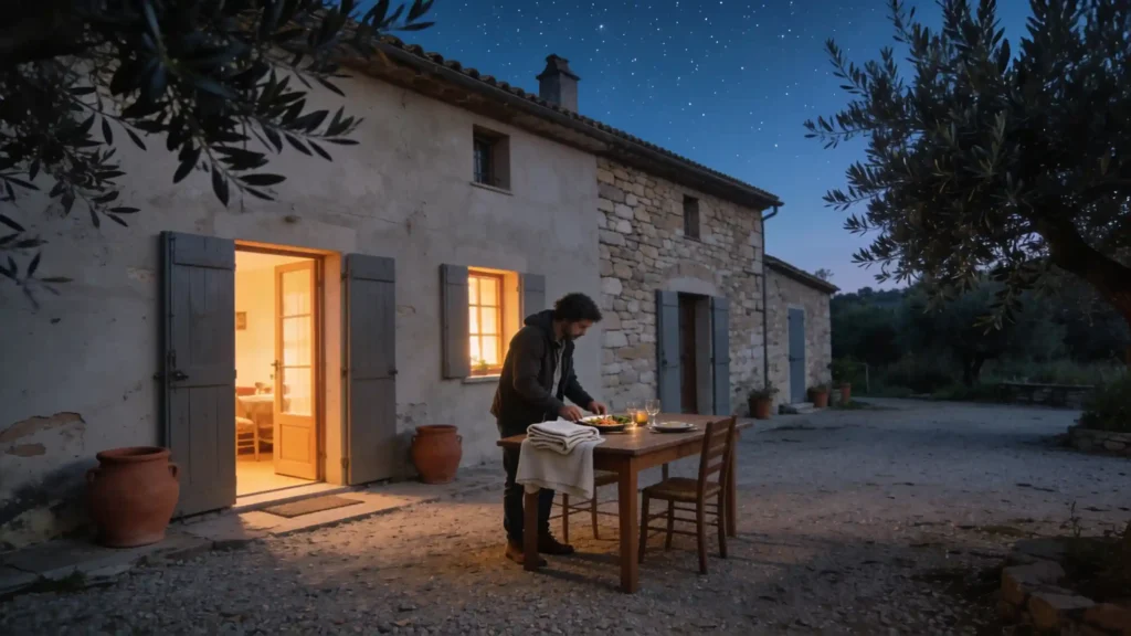 Cour d’une ferme toscane au crépuscule, entre pierre, pots en terre cuite et ciel étoilé.