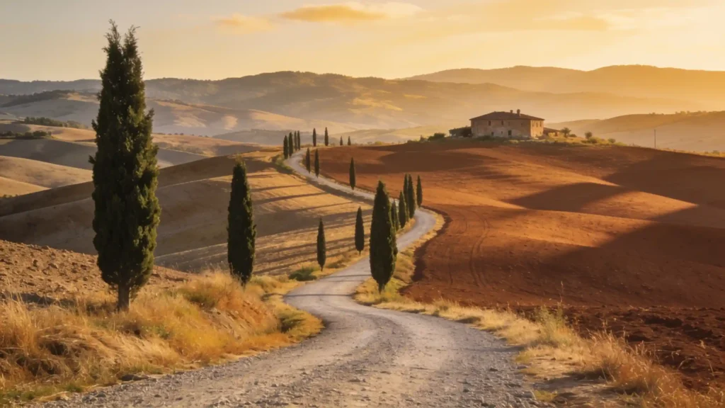 Collines des Crete Senesi à l'heure dorée, cyprès et route de gravier, lumière chaude