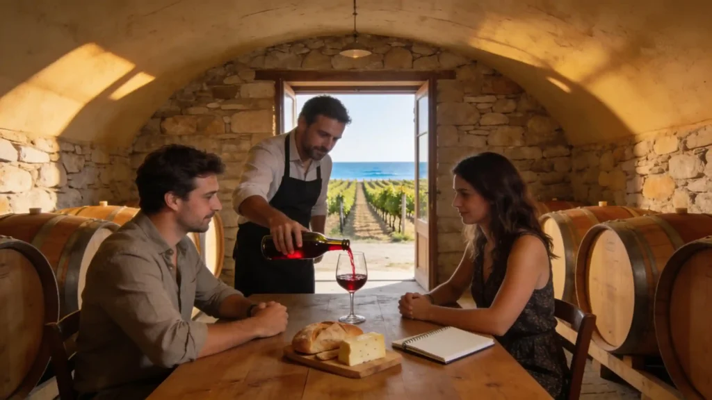 Des visiteurs goûtent un vin rouge dans une cave toscane, entre fûts de chêne et produits locaux.