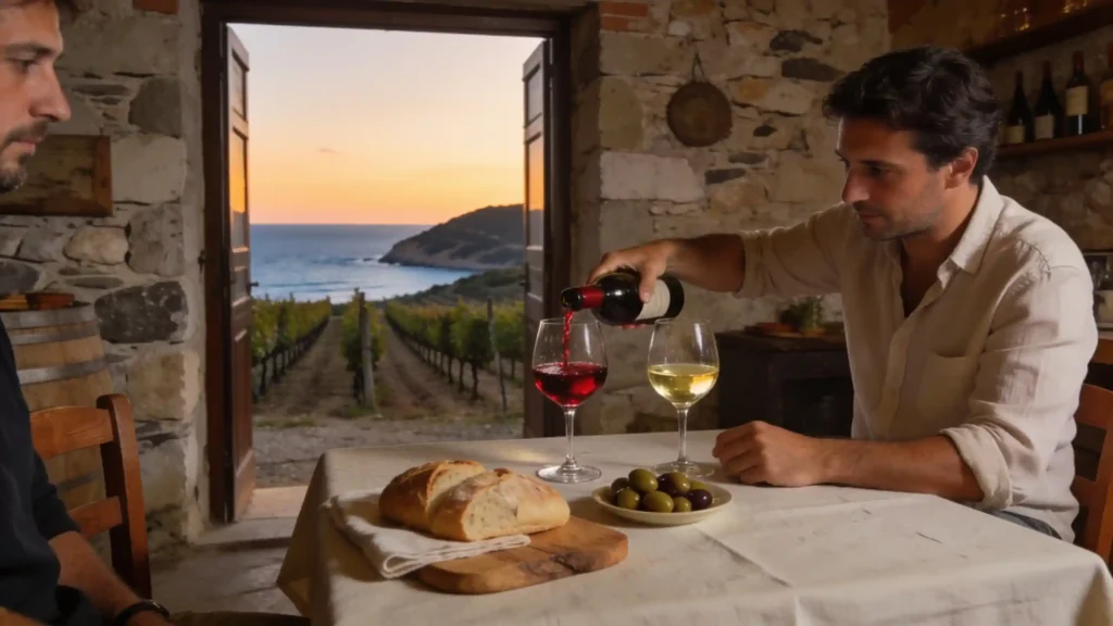 Dégustation de Sangiovese et de Vermentino à la lumière du crépuscule dans un domaine viticole