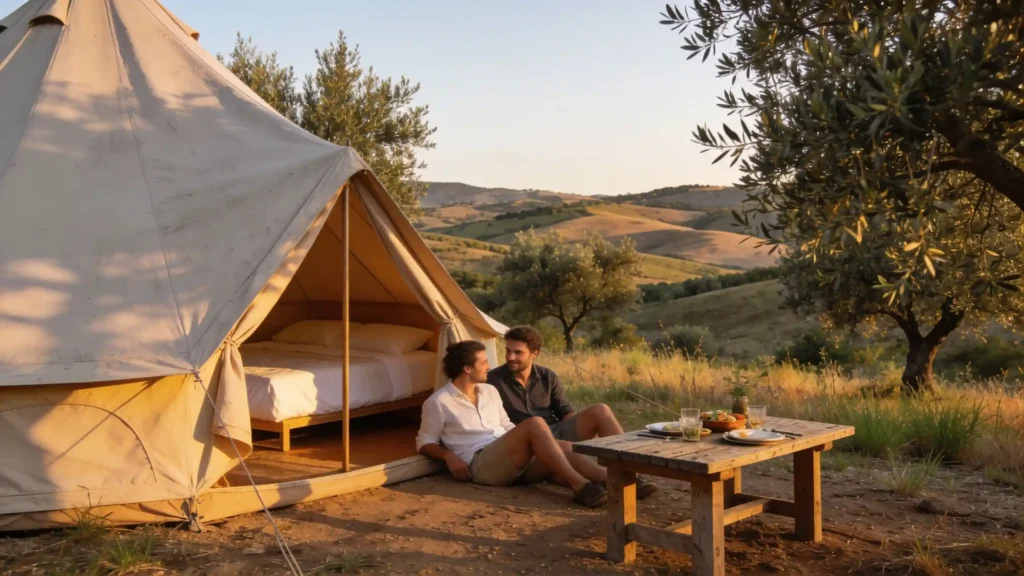 Tente de glamping ouverte sur la campagne, avec un couple profitant de la lumière du soir.