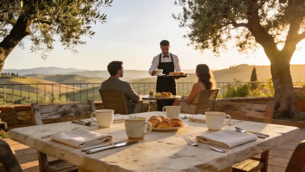 Un couple profite d’un petit-déjeuner servi sur la terrasse d’un hôtel toscan, au calme des oliviers.