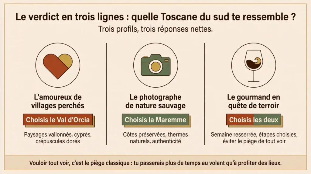 Infographie comparative Val d'Orcia ou Maremme selon trois profils de voyageurs en Toscane du sud