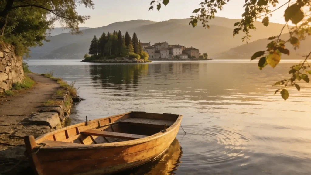 Un petit village de pierre sur une île boisée, au bord d’un lac paisible du Piémont.