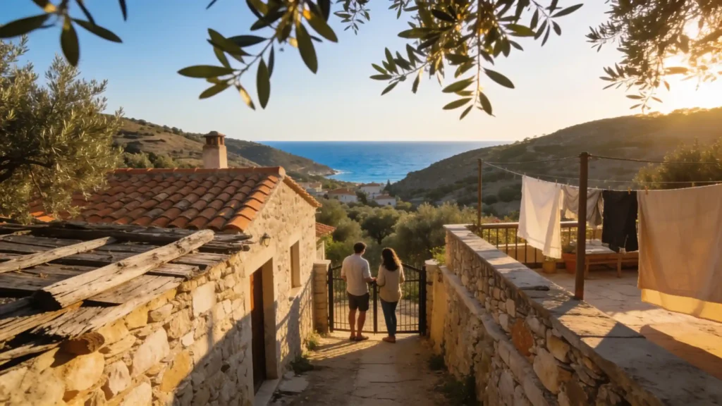 Une maison d’hôtes en pierre entre village côtier, collines d’oliviers et aperçu de la mer