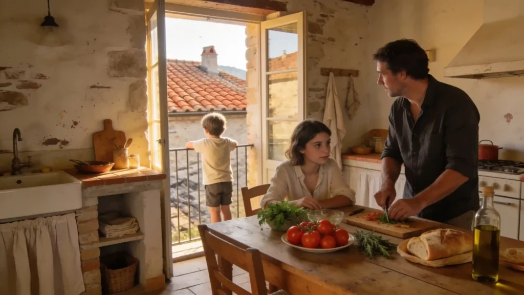 Une famille prépare un repas dans la cuisine ouverte d’une maison de location en Toscane