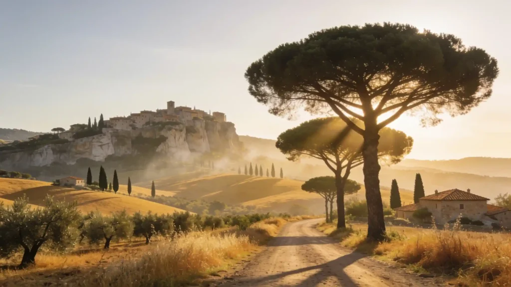 Route de campagne dorée vers un village toscan perché, cyprès et collines au lever du soleil