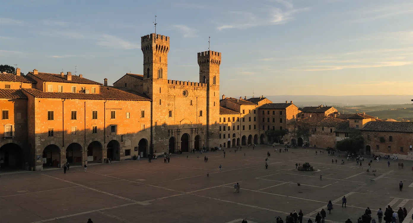 Piazza Grande von Montepulciano bei Sonnenuntergang, Palazzo Comunale und Blick auf das Val d'Orcia