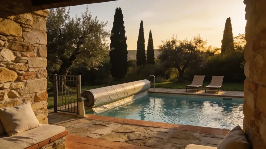 Piscine découverte et prête à accueillir des voyageurs dans le jardin d’une villa toscane