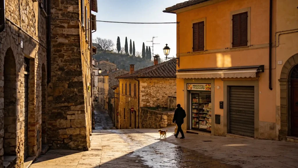 Ruelle médiévale déserte de Pitigliano à la lumière rasante de décembre, volets clos et pierres humides