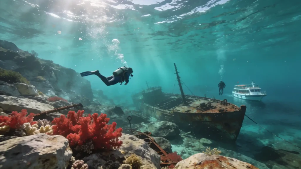 Un plongeur explore un récif méditerranéen près d’une épave, dans une eau turquoise limpide.
