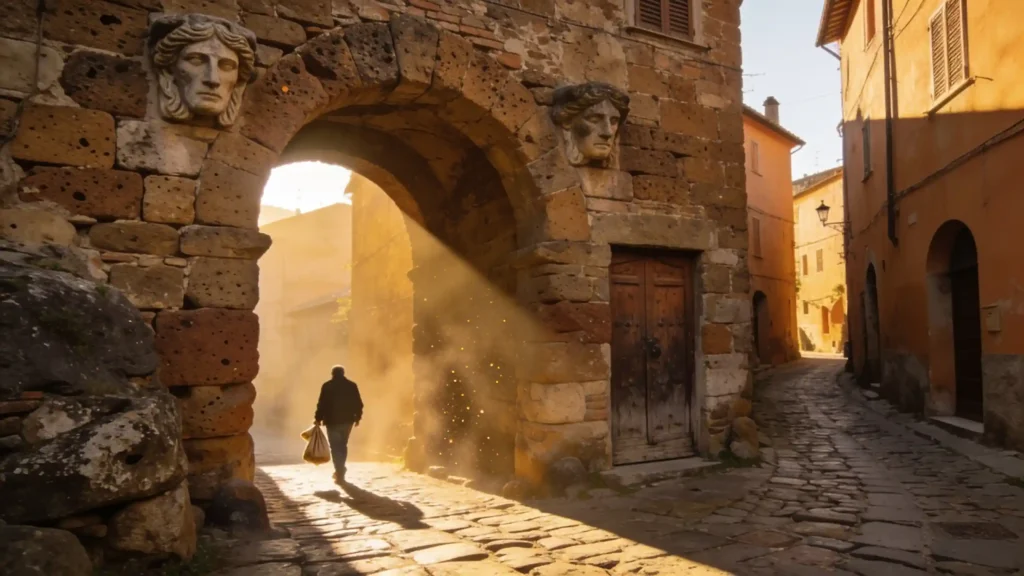 Etruscan volcanic stone gate at sunrise, medieval alley in Tuscany
