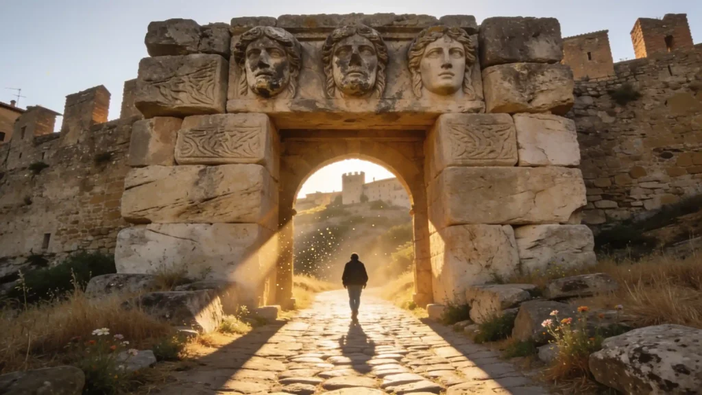 Massive Etruscan stone gate in the setting sun, cobblestone path, traveler seen from behind