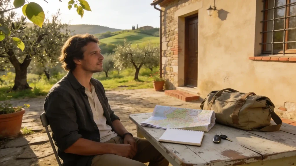 Voyageur préparant son séjour hors saison à une table rustique dans la campagne toscane